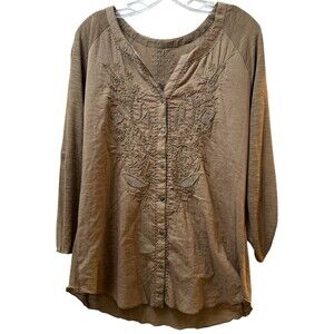 Nine West Vintage America Button Tunic Top Size Large Tan Feminine Whimsy Boho